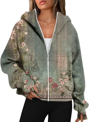 Womens Zip Up Hoodies Oversized Cropped Sweatshirts Fleece Jackets Fall Casual Comfy Gym Tops Winter Warm Clothes 2024