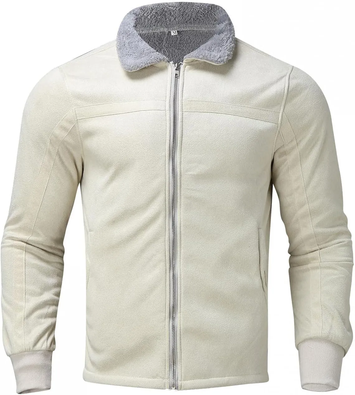 WUAI-Men Long Sleeve Sherpa Lined Suede Jackets Cardigan Open Front Zip Up Heavyweight Thermal Winter Warm Windbreakers