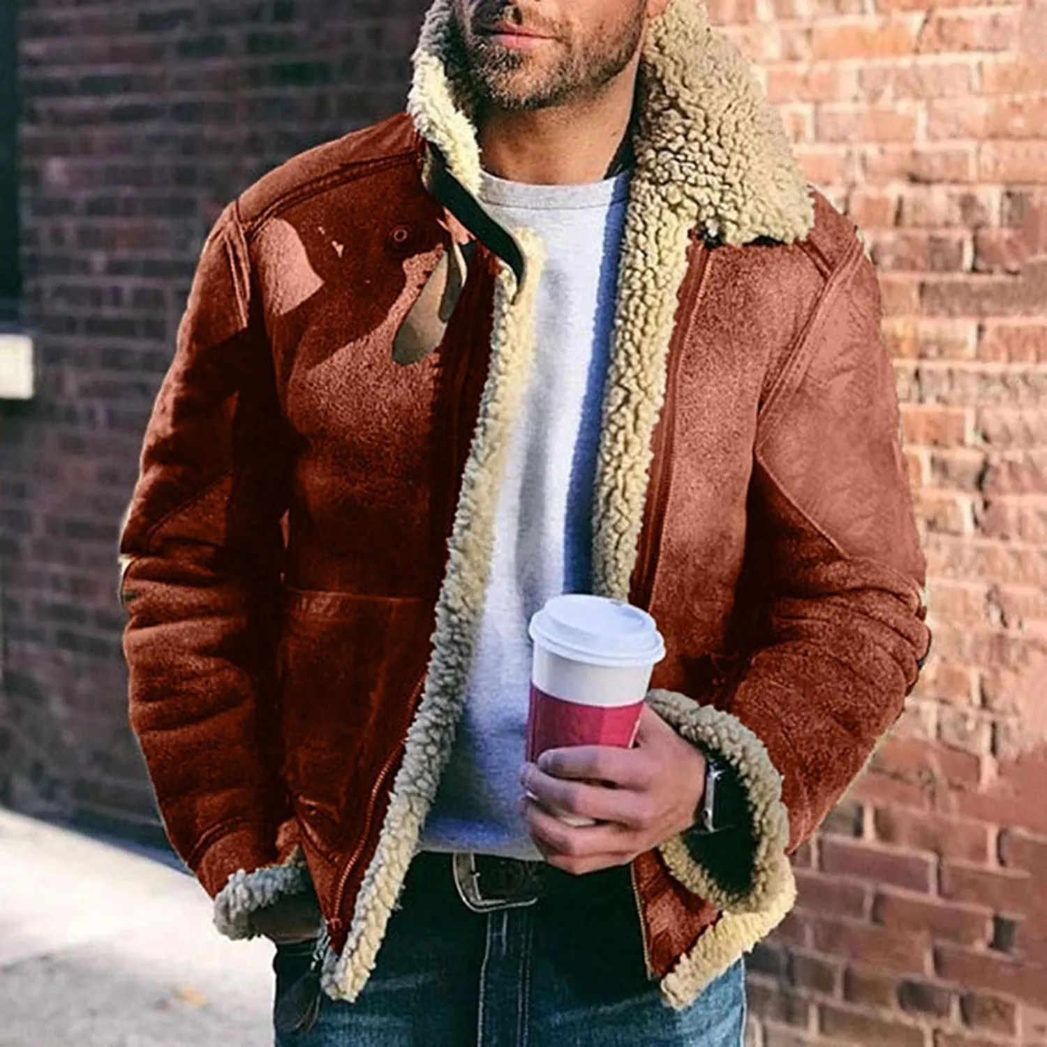 WUAI-Men Long Sleeve Sherpa Lined Suede Jackets Cardigan Open Front Zip Up Heavyweight Thermal Winter Warm Windbreakers