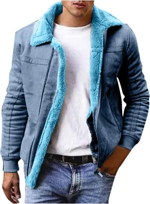 WUAI-Men Long Sleeve Sherpa Lined Suede Jackets Cardigan Open Front Zip Up Heavyweight Thermal Winter Warm Windbreakers