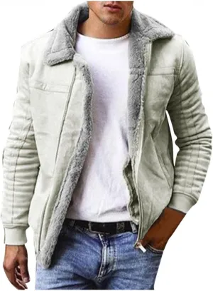 WUAI-Men Long Sleeve Sherpa Lined Suede Jackets Cardigan Open Front Zip Up Heavyweight Thermal Winter Warm Windbreakers