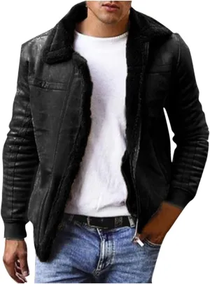 WUAI-Men Long Sleeve Sherpa Lined Suede Jackets Cardigan Open Front Zip Up Heavyweight Thermal Winter Warm Windbreakers