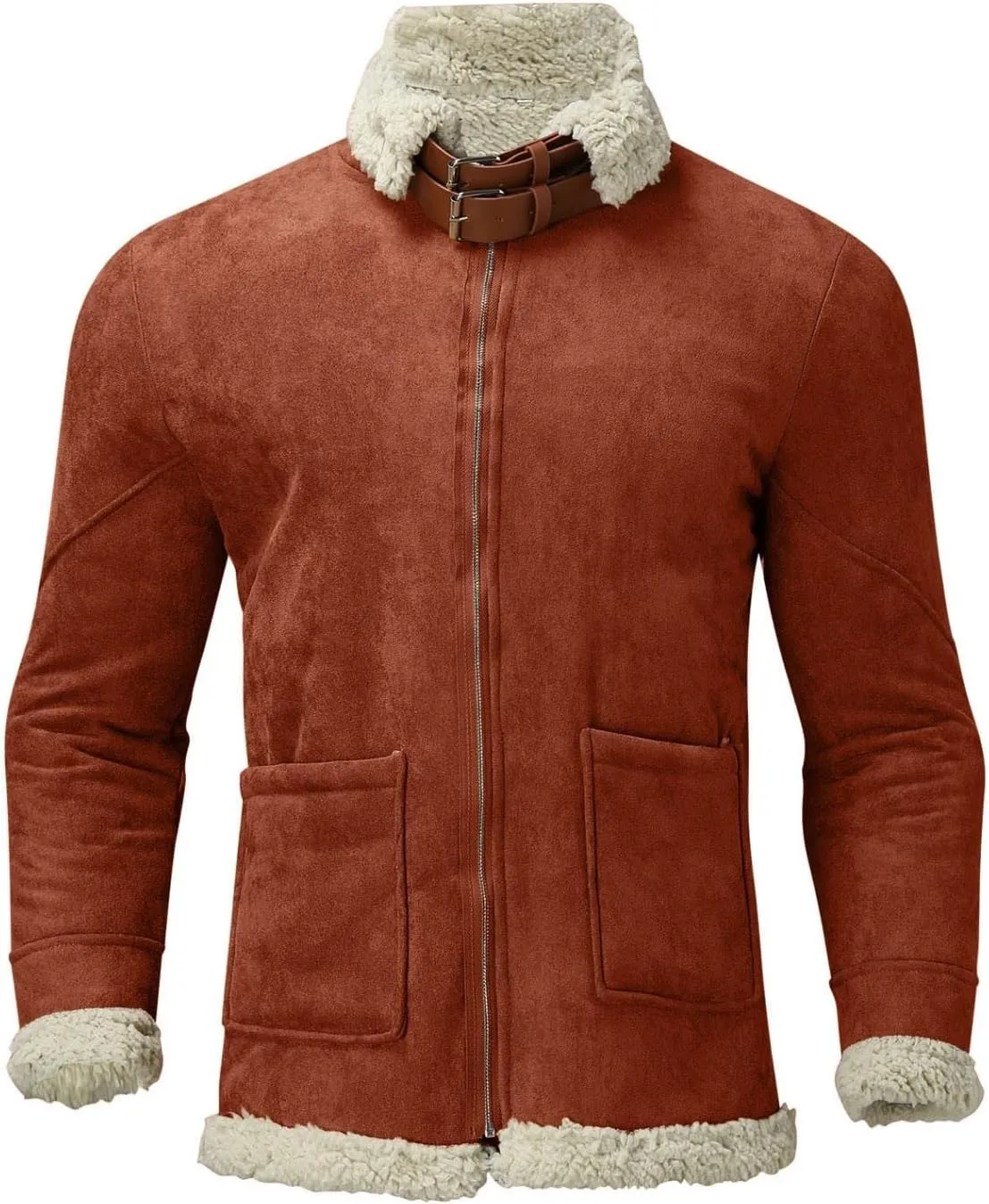 WUAI-Men Long Sleeve Sherpa Lined Suede Jackets Cardigan Open Front Zip Up Heavyweight Thermal Winter Warm Windbreakers