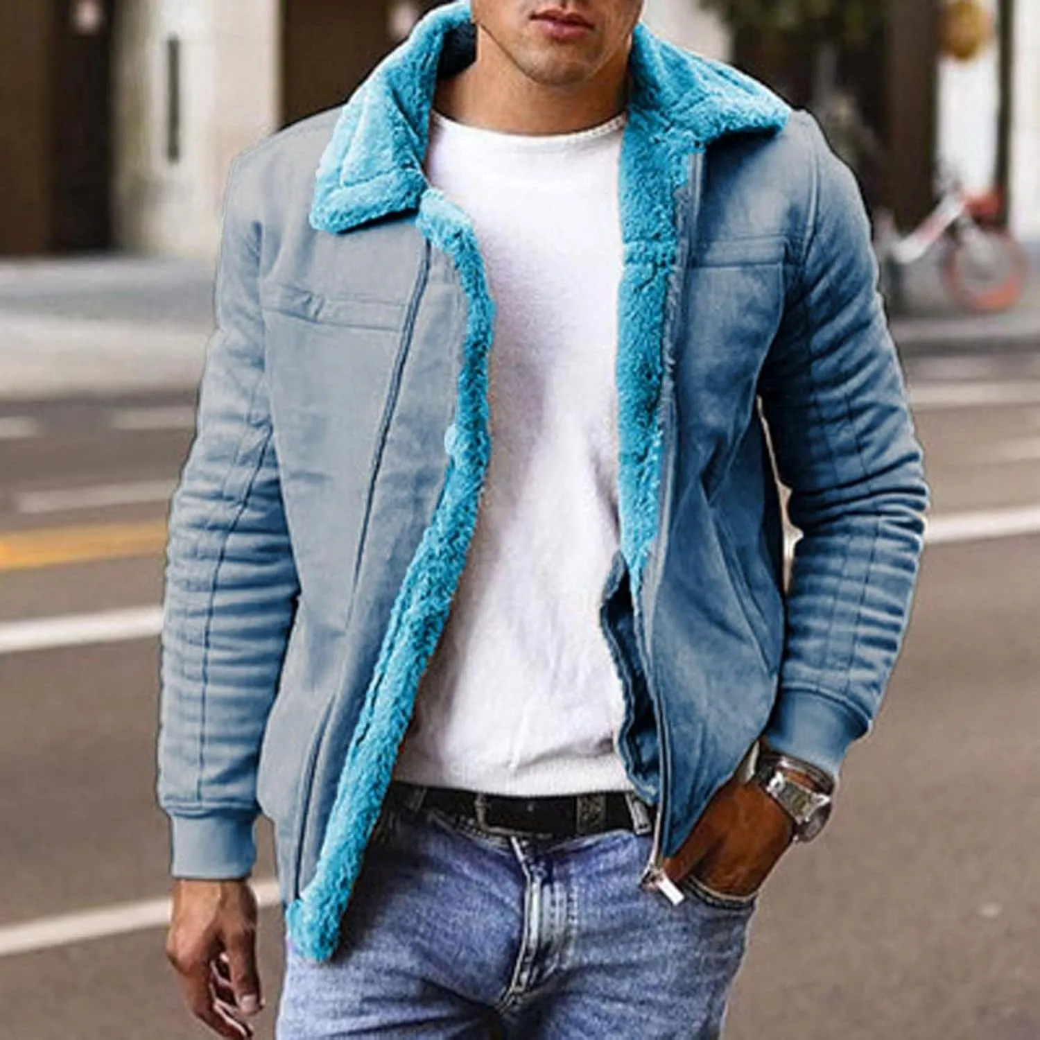 WUAI-Men Long Sleeve Sherpa Lined Suede Jackets Cardigan Open Front Zip Up Heavyweight Thermal Winter Warm Windbreakers