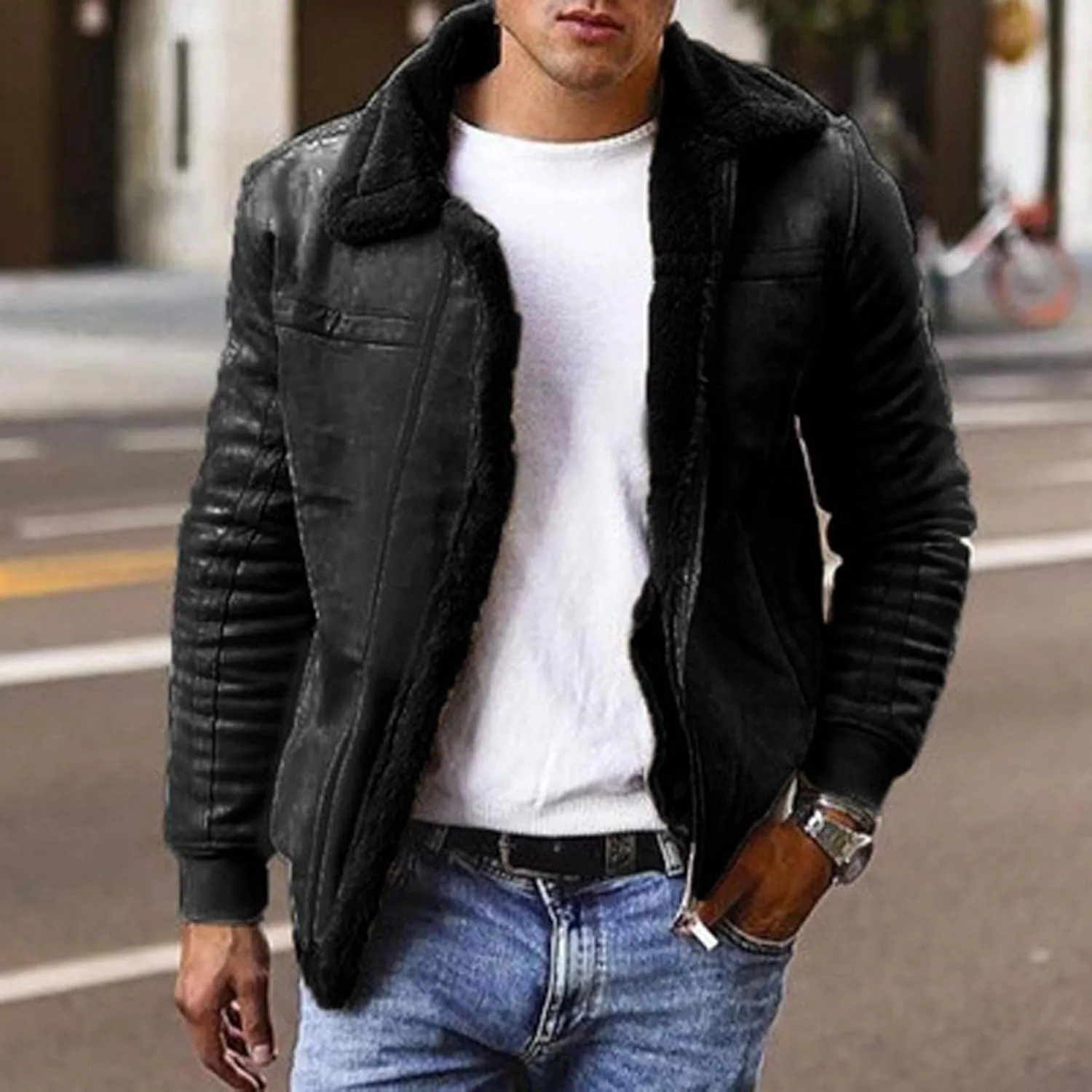 WUAI-Men Long Sleeve Sherpa Lined Suede Jackets Cardigan Open Front Zip Up Heavyweight Thermal Winter Warm Windbreakers