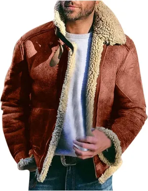 WUAI-Men Long Sleeve Sherpa Lined Suede Jackets Cardigan Open Front Zip Up Heavyweight Thermal Winter Warm Windbreakers