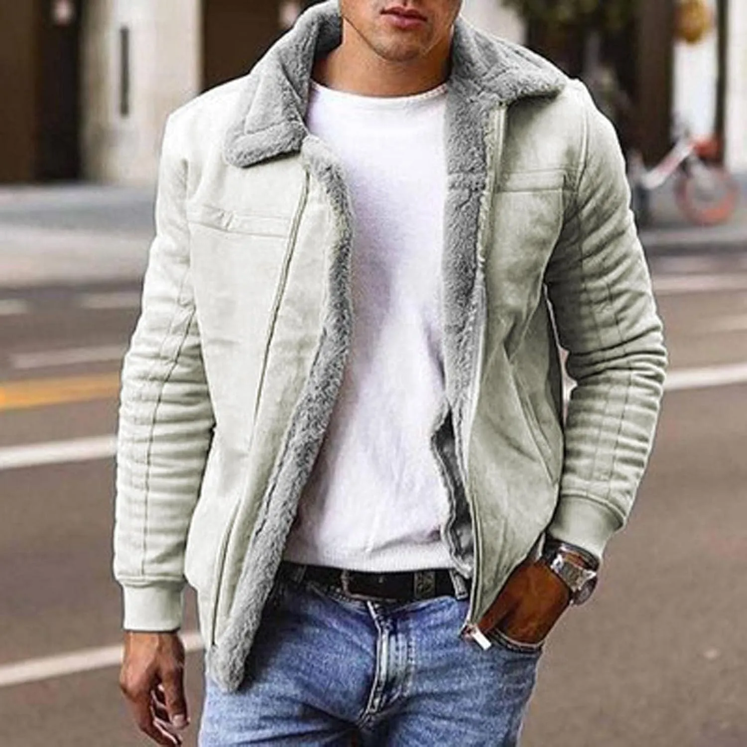 WUAI-Men Long Sleeve Sherpa Lined Suede Jackets Cardigan Open Front Zip Up Heavyweight Thermal Winter Warm Windbreakers