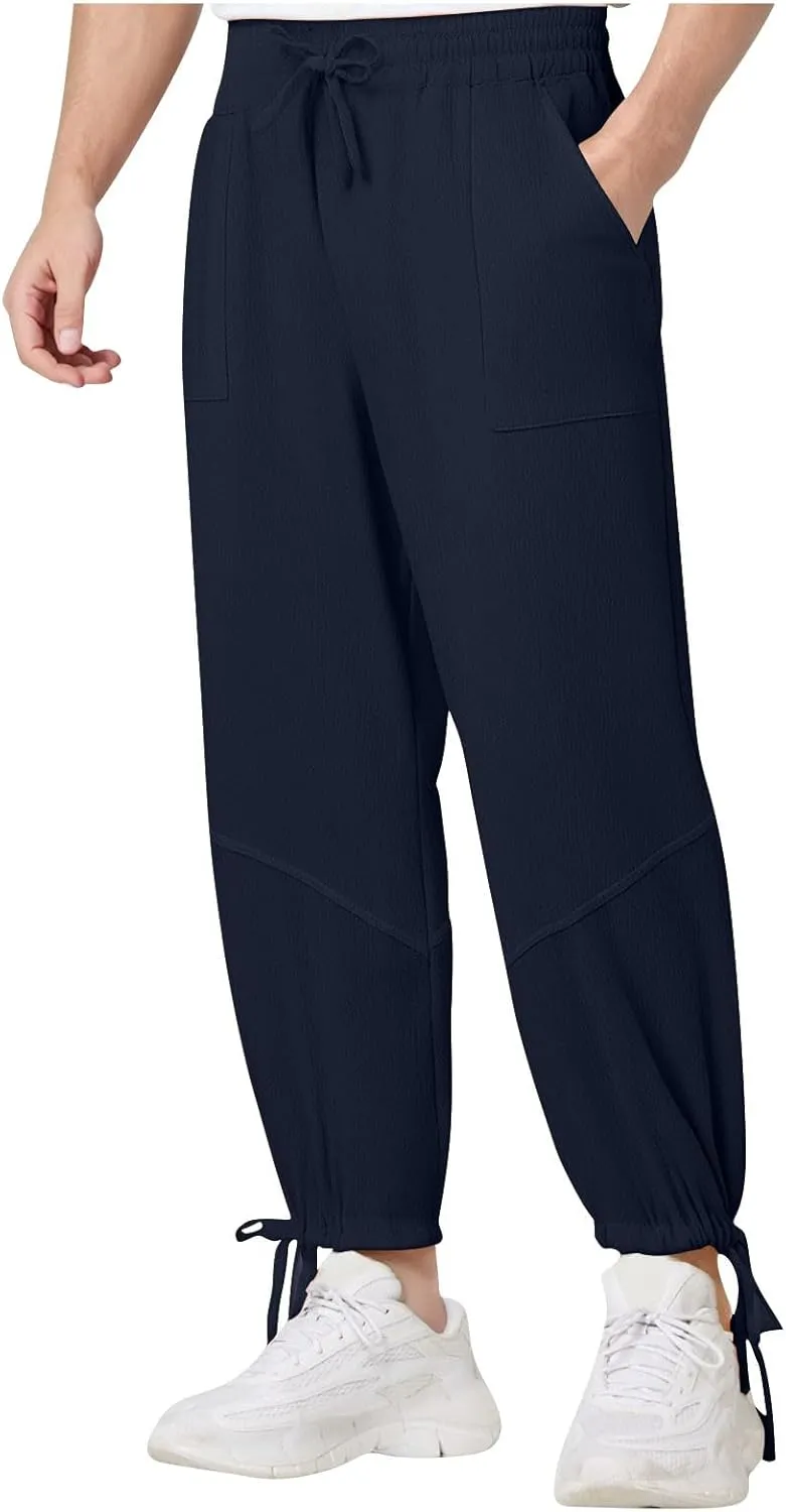 Xiaojmake Mens Capri Pants Drawstring Linen Harem Pants Casual Lounge Baggy Ankle Beach Travel Vacation Joggers with Pockets