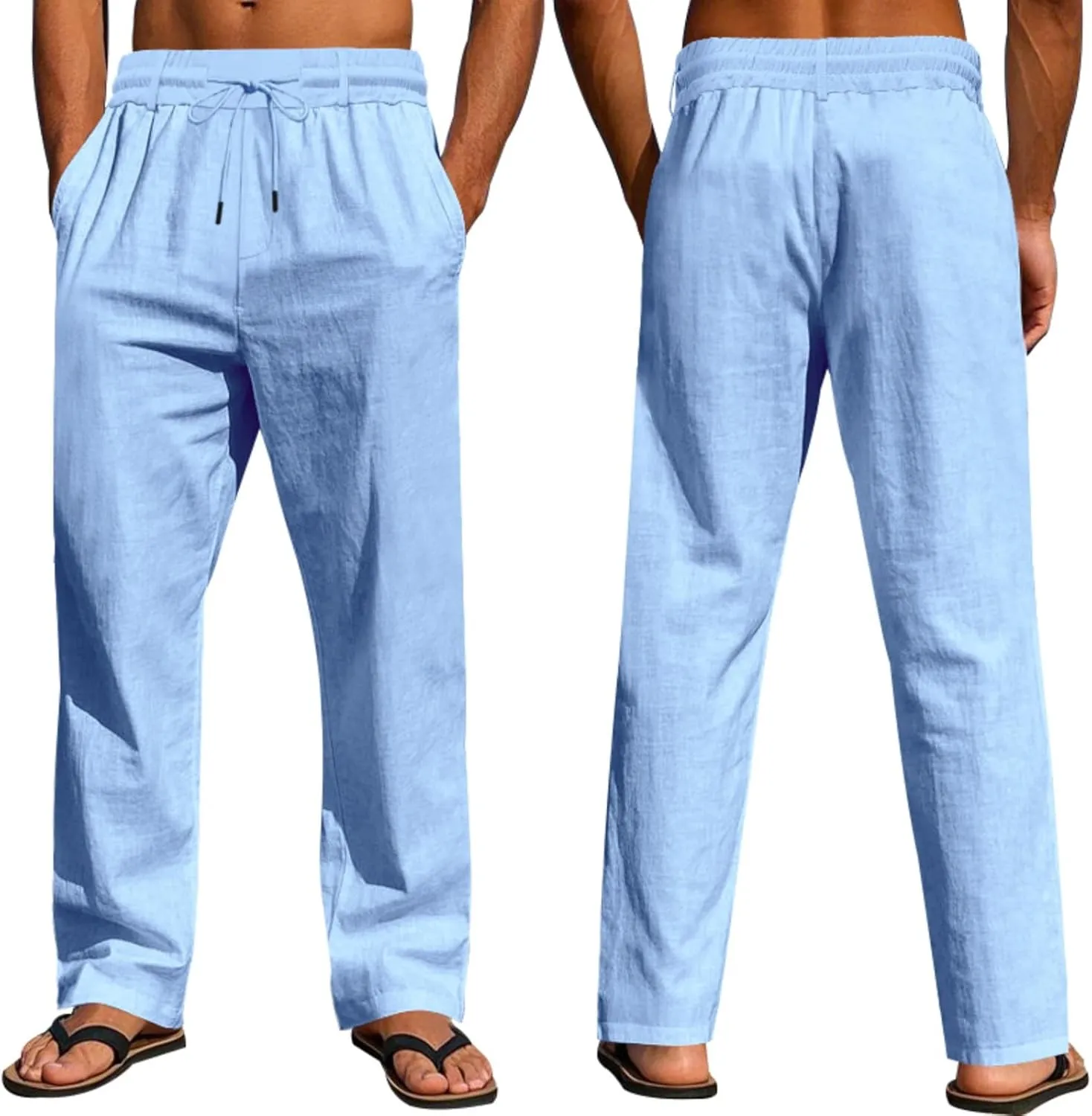 Xiaojmake Men’s Cotton Linen Pants Summer Elastic Waist Drawstring Baggy Trousers Loose Fit Beach Long Pant with Pockets