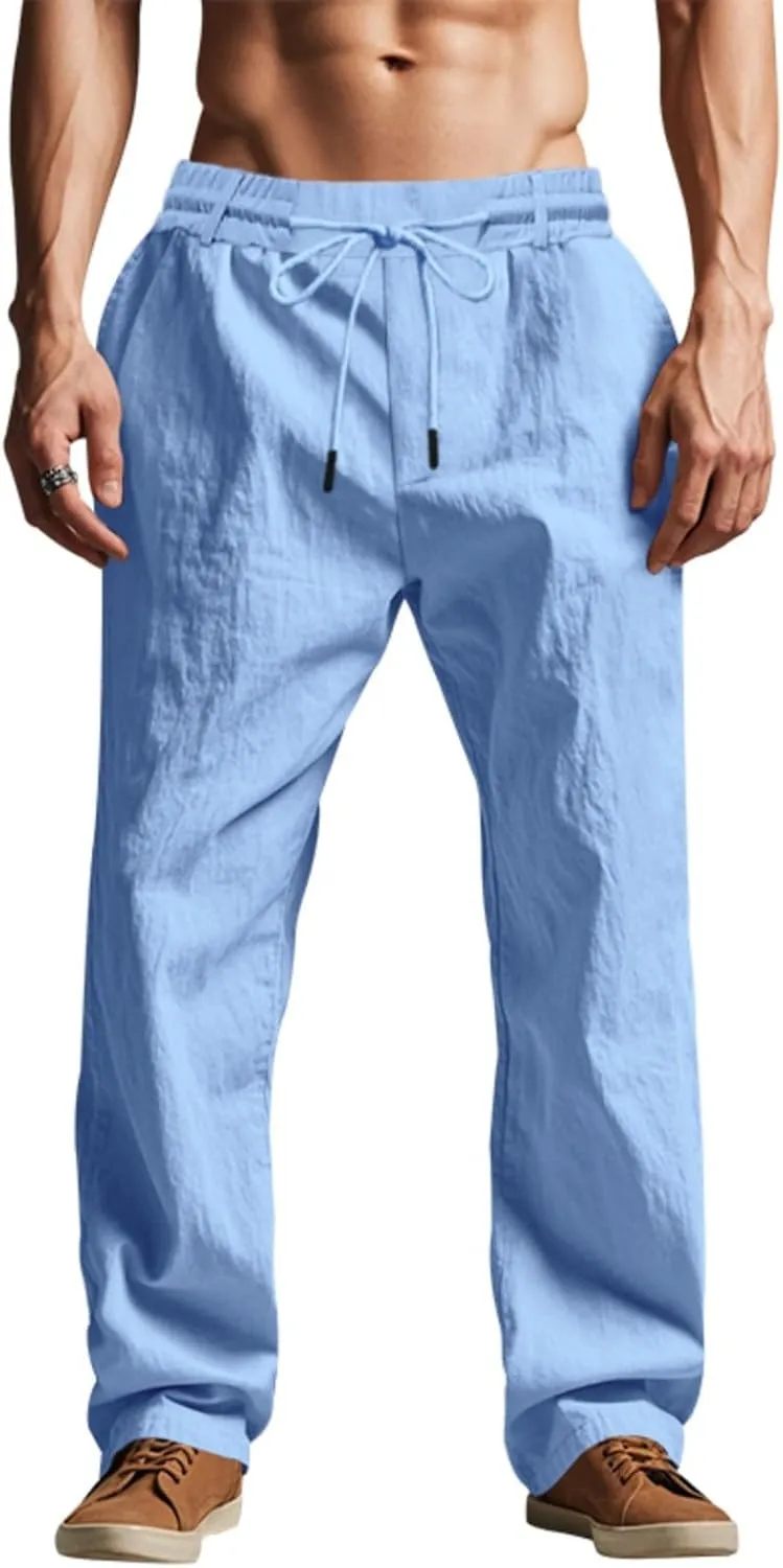 Xiaojmake Men’s Cotton Linen Pants Summer Elastic Waist Drawstring Baggy Trousers Loose Fit Beach Long Pant with Pockets