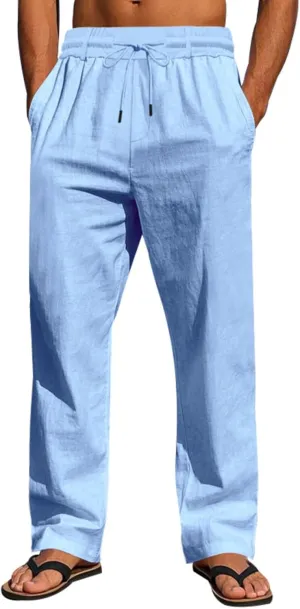 Xiaojmake Men’s Cotton Linen Pants Summer Elastic Waist Drawstring Baggy Trousers Loose Fit Beach Long Pant with Pockets