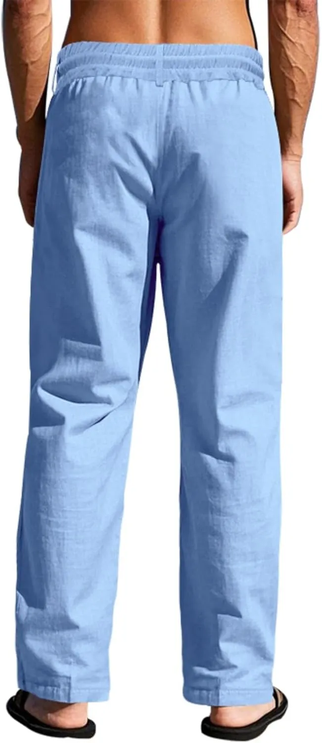 Xiaojmake Men’s Cotton Linen Pants Summer Elastic Waist Drawstring Baggy Trousers Loose Fit Beach Long Pant with Pockets