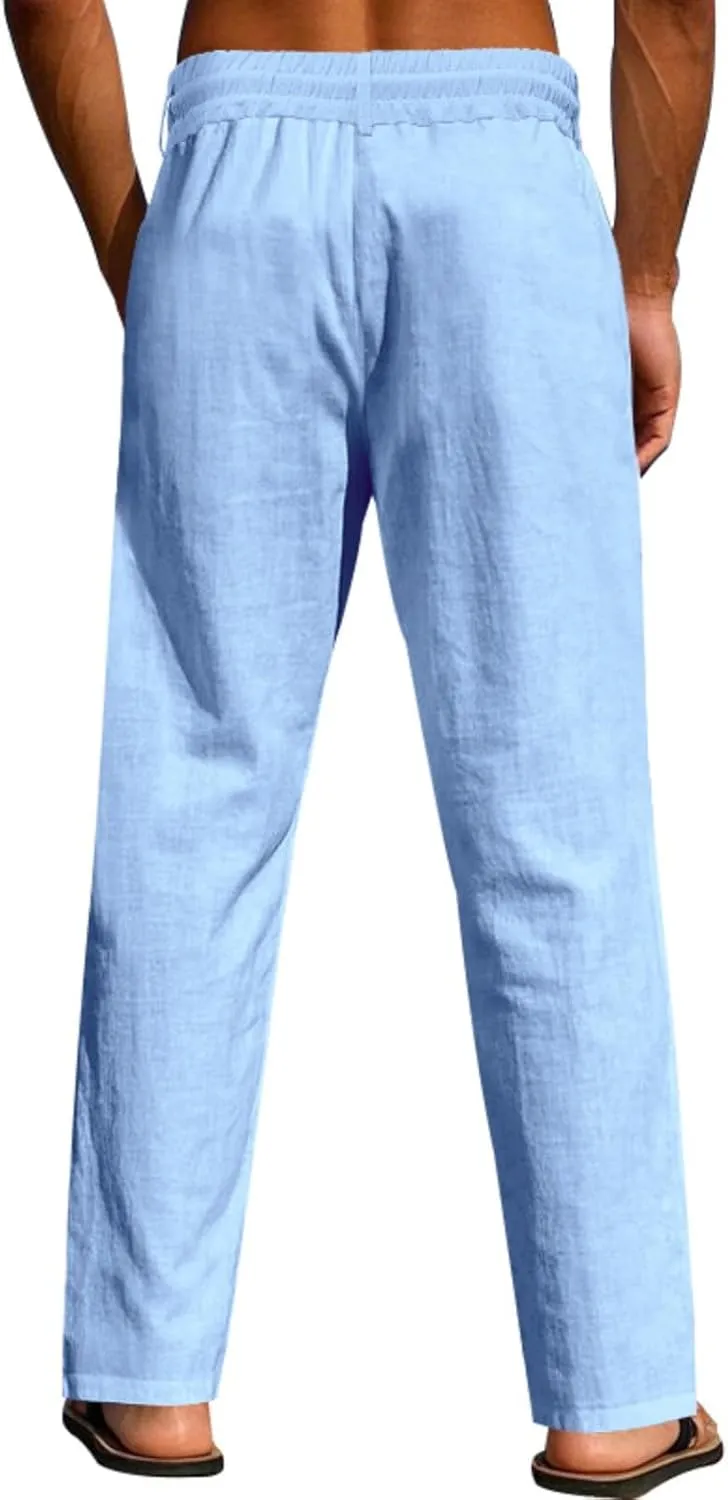 Xiaojmake Men’s Cotton Linen Pants Summer Elastic Waist Drawstring Baggy Trousers Loose Fit Beach Long Pant with Pockets