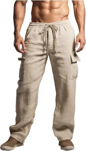 Xiaojmake Mens Linen Cargo Pants Summer Elastic Waist Straight Casual Pant with Pockets Baggy Beach Yoga Travel Lounge Pants