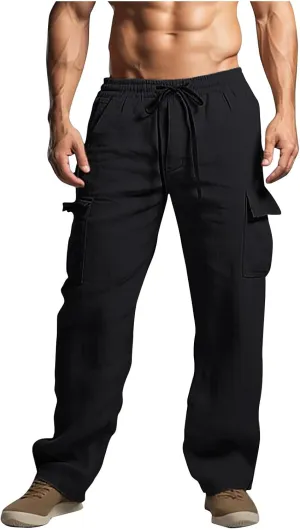 Xiaojmake Mens Linen Cargo Pants Summer Elastic Waist Straight Casual Pant with Pockets Baggy Beach Yoga Travel Lounge Pants