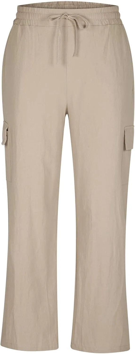 Xiaojmake Mens Linen Cargo Pants Summer Elastic Waist Straight Casual Pant with Pockets Baggy Beach Yoga Travel Lounge Pants