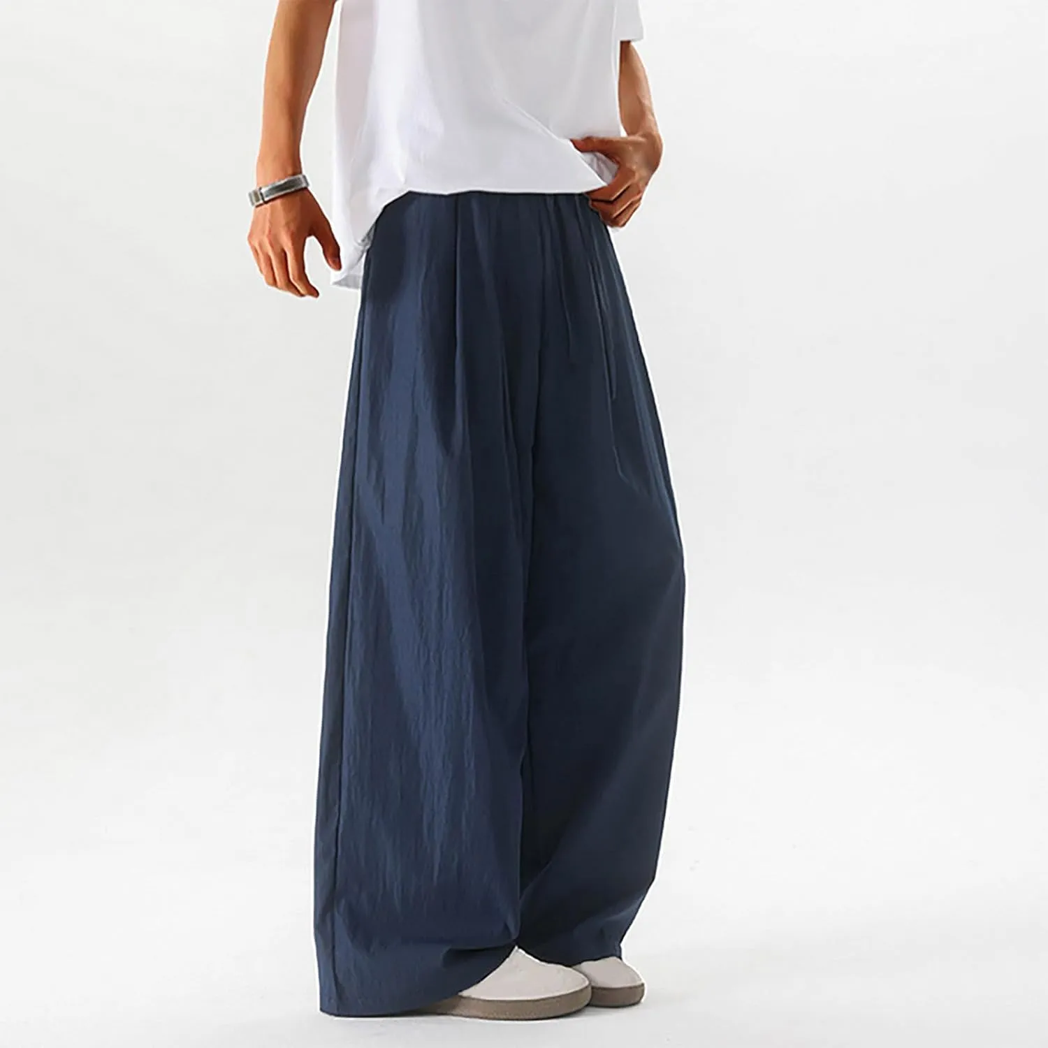 Xiaojmake Mens Linen Harem Pants Elastic Waist Wide Leg Pleated Thai Trousers Drawstrings Lightweight Summer Beach Pant