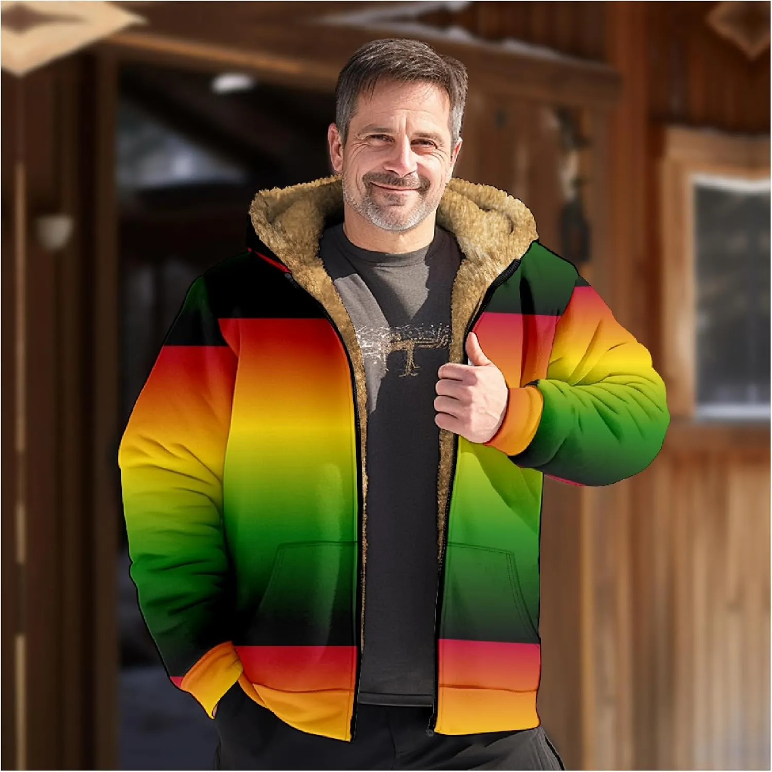 Ymosrh Men's Fleece Jacket with Hood Winter Graphic Warm Thicken Sherpa Lined Full Zip Jackets Coats, S-4XL