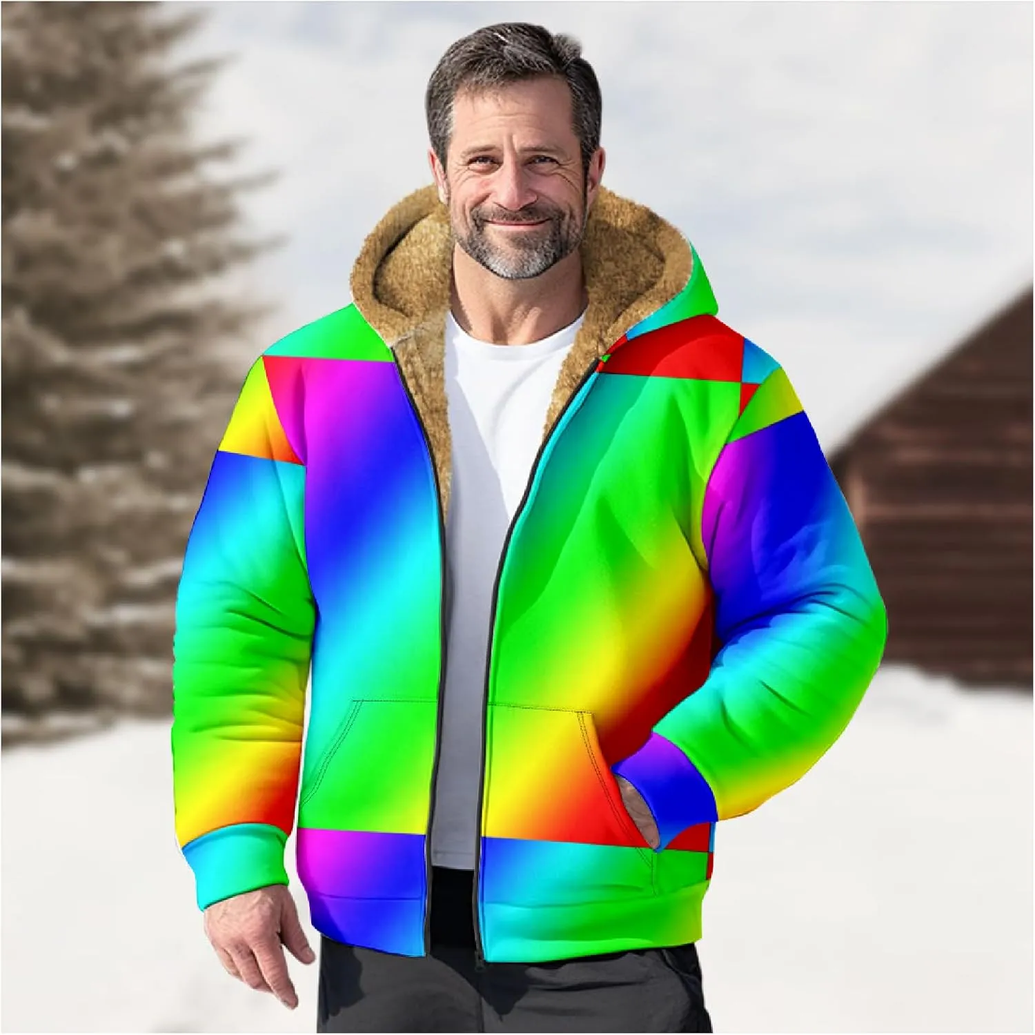 Ymosrh Men's Fleece Jacket with Hood Winter Graphic Warm Thicken Sherpa Lined Full Zip Jackets Coats, S-4XL