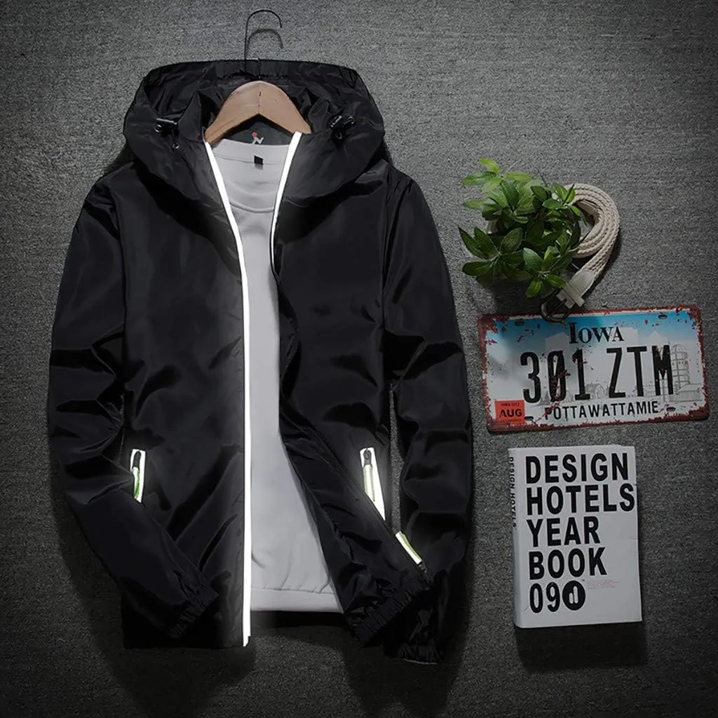 Ymosrh Men's Rain Coats Lightweight Windbreaker Casual Refleciton Zip Up Jackets with Hood Winter Jackets, M-7XL