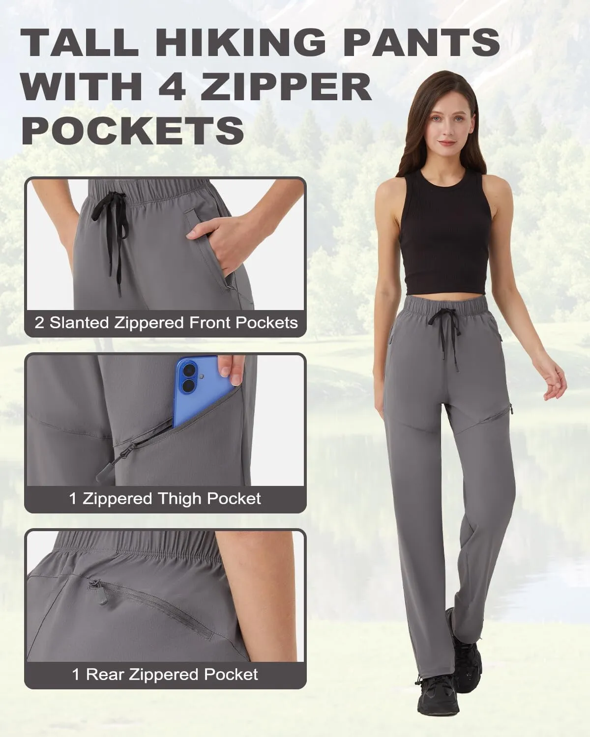 Zylioo 32"/34" Inseam Women's Tall Hiking Pants, Lightweight Quick Dry Cargo Pants with Zipper Pockets for Outdoor Activities